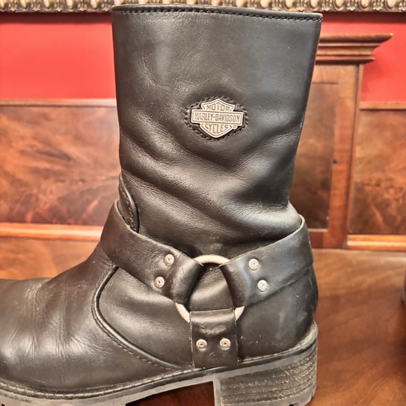 Harley Davidson Women's Black Leather Harness Boots Size 7 Moto Biker Zip - Picture 7 of 9